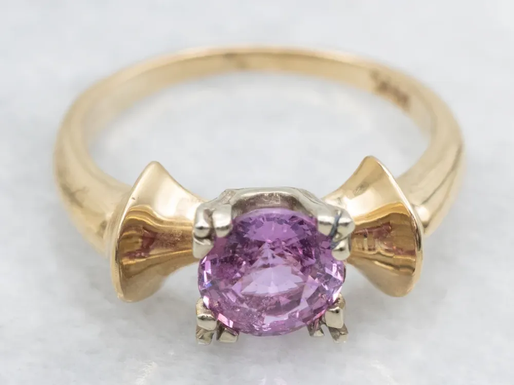 Retro Framboos Sapphire Ring, 14K Yellow and White Gold Bow Shape