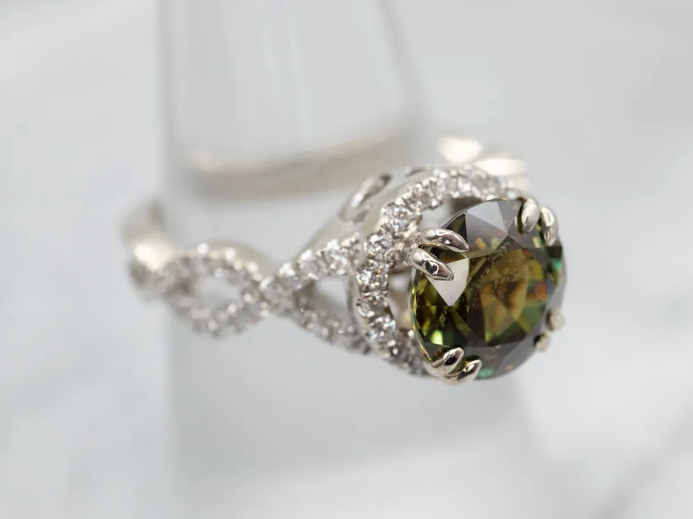 Stunning White Gold Sphene and Diamond Halo Engagement Ring