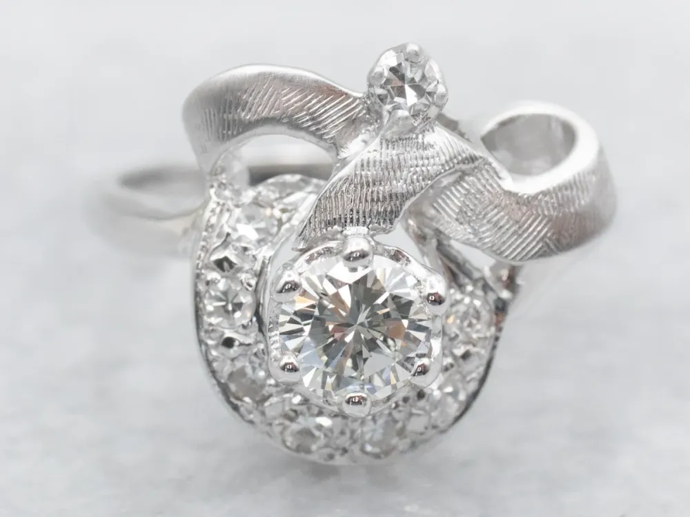 Textured Wit Gold Diamond Engagement Ring