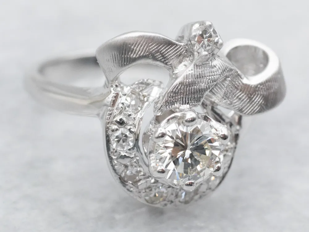 Textured Wit Gold Diamond Engagement Ring