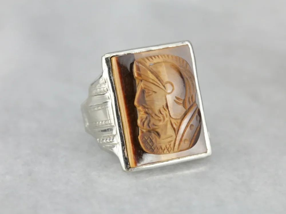 Vintage Tiger's Eye Cameo Ivoor Gold Men's Ring