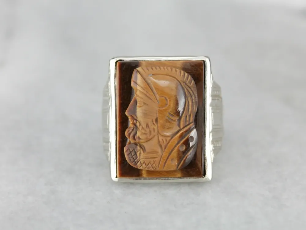 Vintage Tiger's Eye Cameo Ivoor Gold Men's Ring