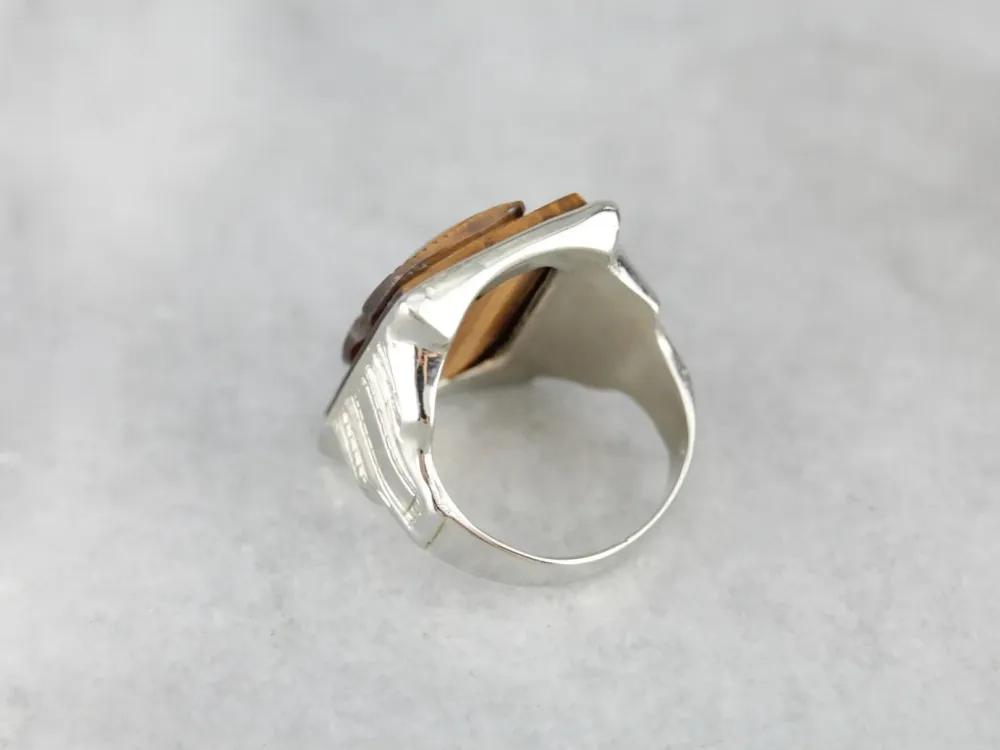 Vintage Tiger's Eye Cameo Ivoor Gold Men's Ring