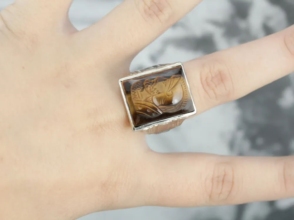 Vintage Tiger's Eye Cameo Ivoor Gold Men's Ring