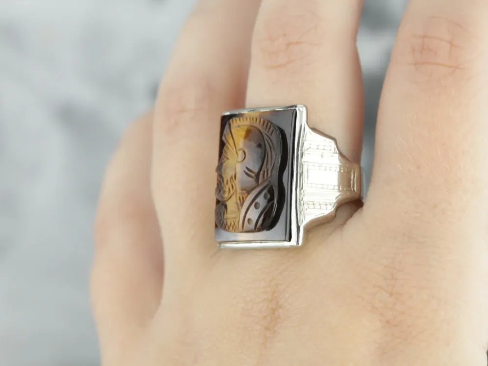 Vintage Tiger's Eye Cameo Ivoor Gold Men's Ring
