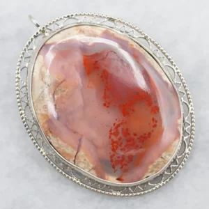 White Gold Agate Brooch or Pendant Filigree Frame