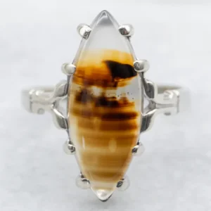 White Gold Banded Agate Cabochon Ring