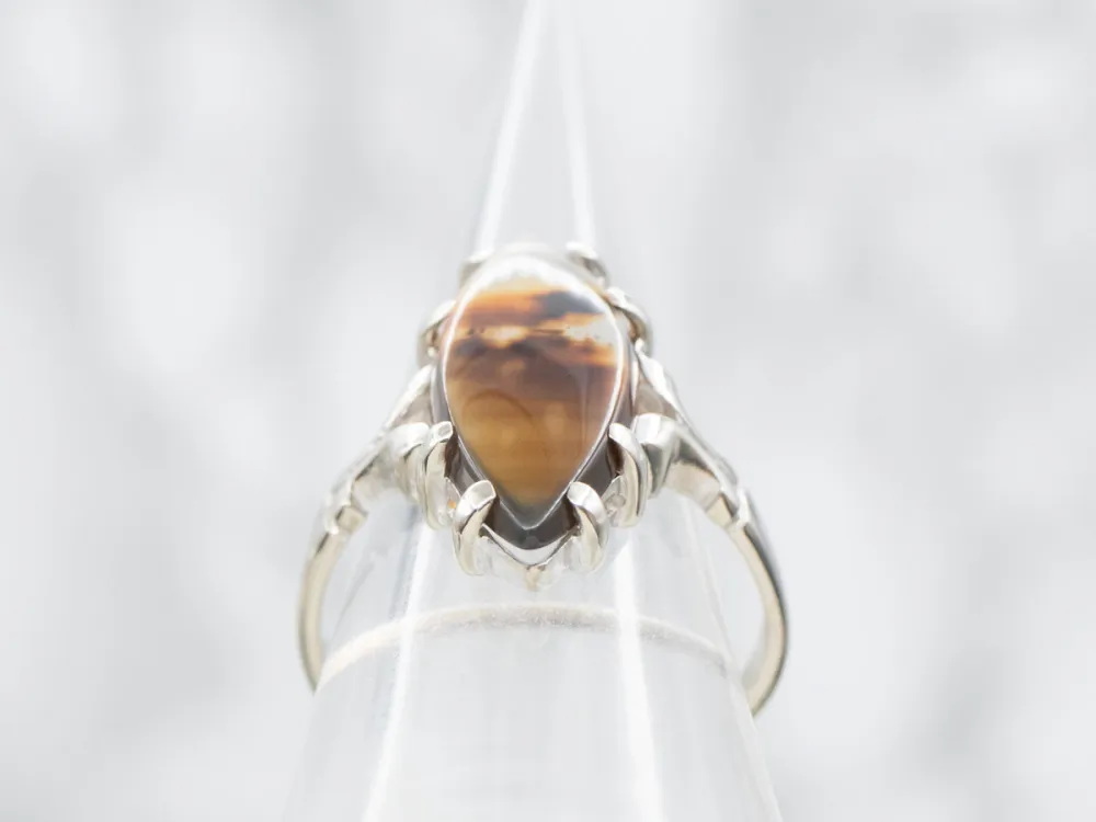 White Gold Banded Agate Cabochon Ring