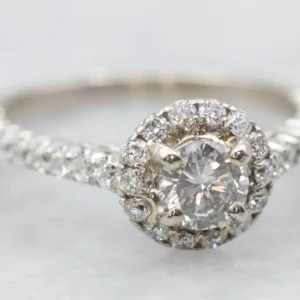 White Gold Diamond Engagement Ring Diamond Halo and Diamond Shoulders