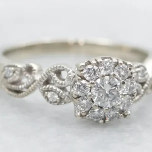 White Gold Diamond Engagement Ring Scrolling Shoulders