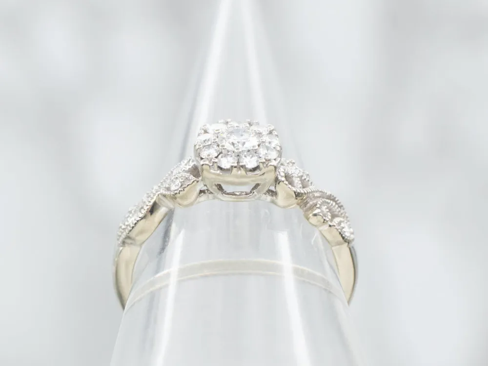White Gold Diamond Engagement Ring Scrolling Shoulders