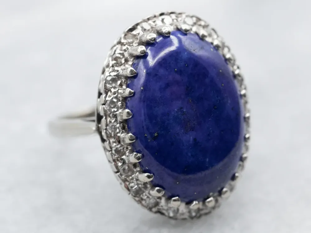 White Gold Lapis Ring Diamond Halo