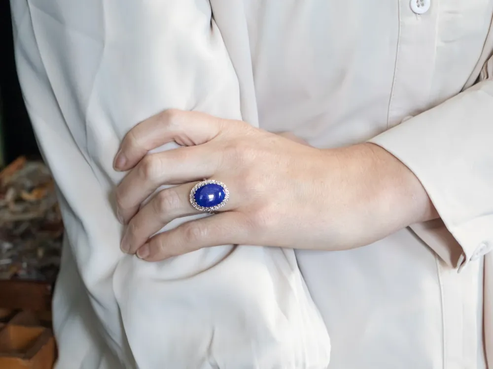 White Gold Lapis Ring Diamond Halo