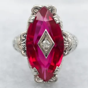 White Gold Marquise Cut Synthetic Ruby Ring Diamond Accent