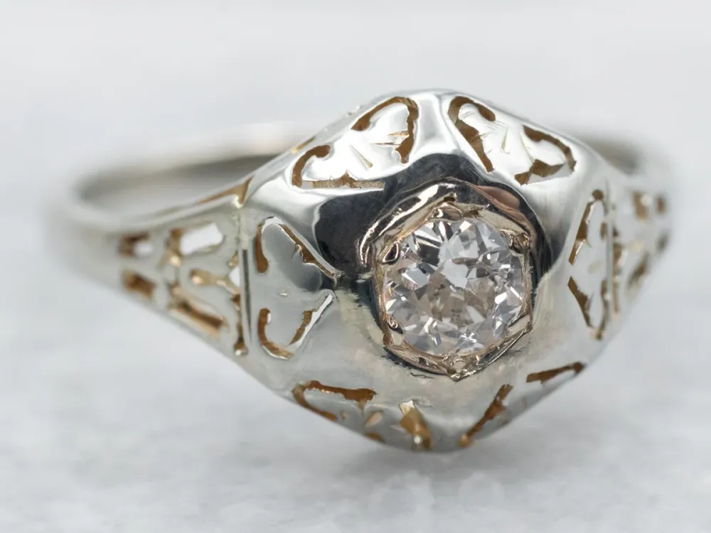 White Gold Old Mine Cut Diamond Solitaire Engagement Ring