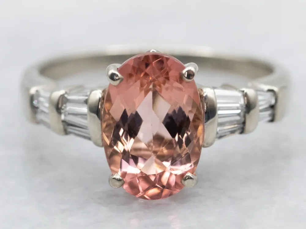 White Gold Peach-Pink Tourmaline Diamond Ring