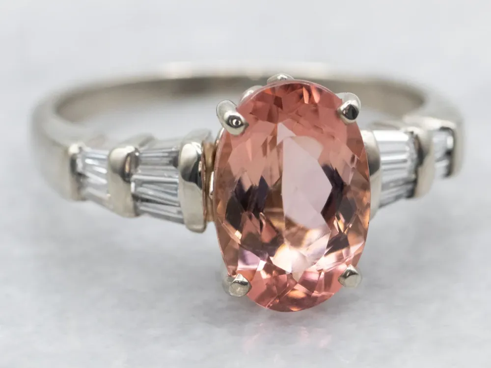 White Gold Peach-Pink Tourmaline Diamond Ring