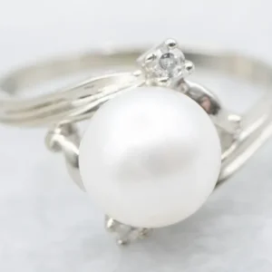 White Gold Pearl and Diamond Bypass Ring