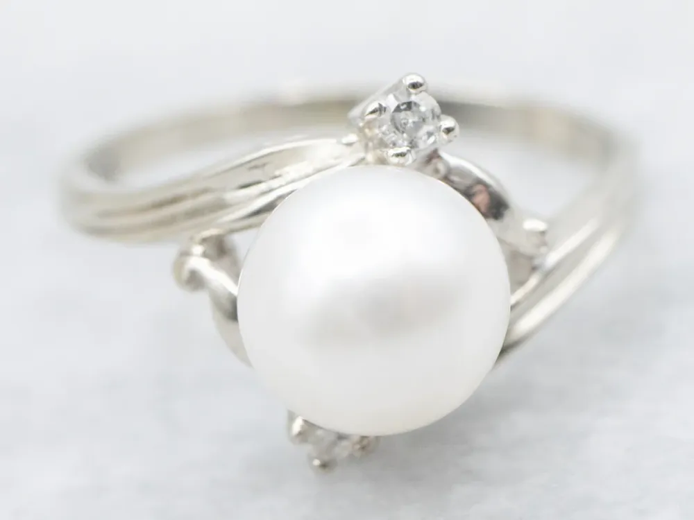 White Gold Pearl and Diamond Bypass Ring