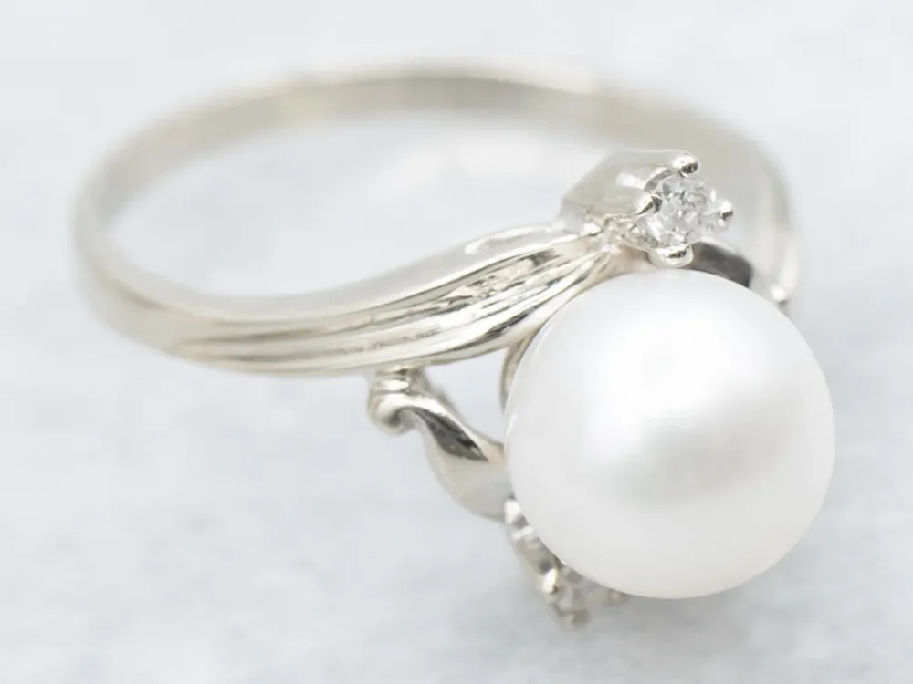 White Gold Pearl and Diamond Bypass Ring