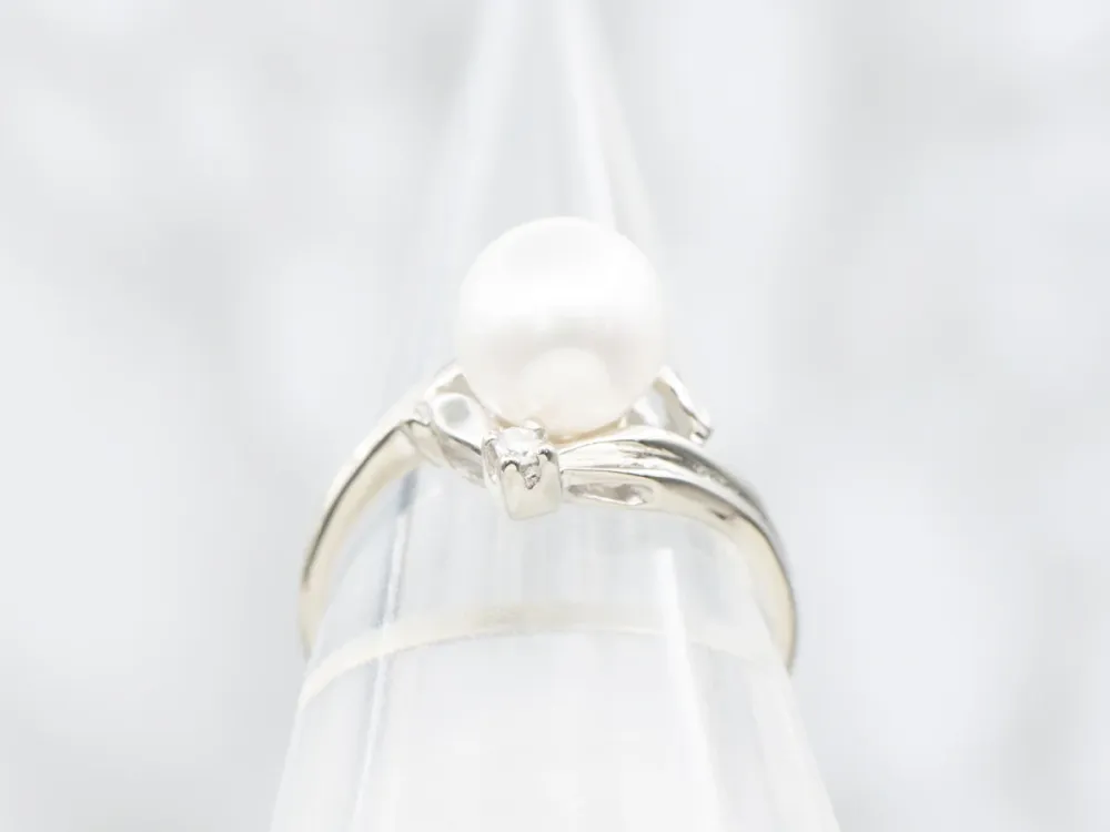 White Gold Pearl and Diamond Bypass Ring