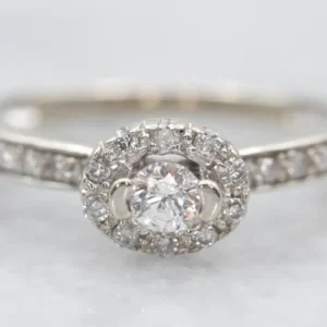 White Gold Round Cut Diamond Engagement Ring East West Diamond Halo and Diamond Shoulders