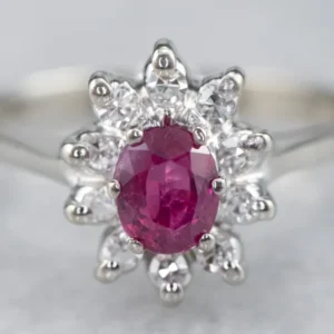 White Gold Ruby and Diamond Halo Ring