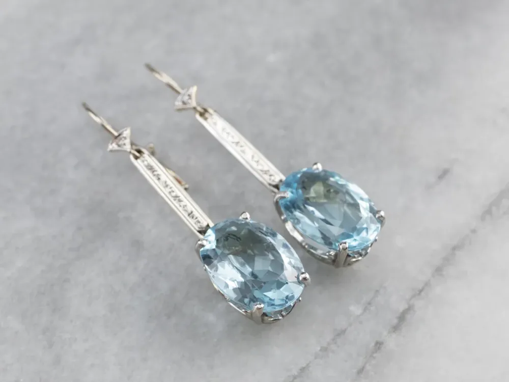 White Verguld Blue Topaz and Diamond Drop Earrings
