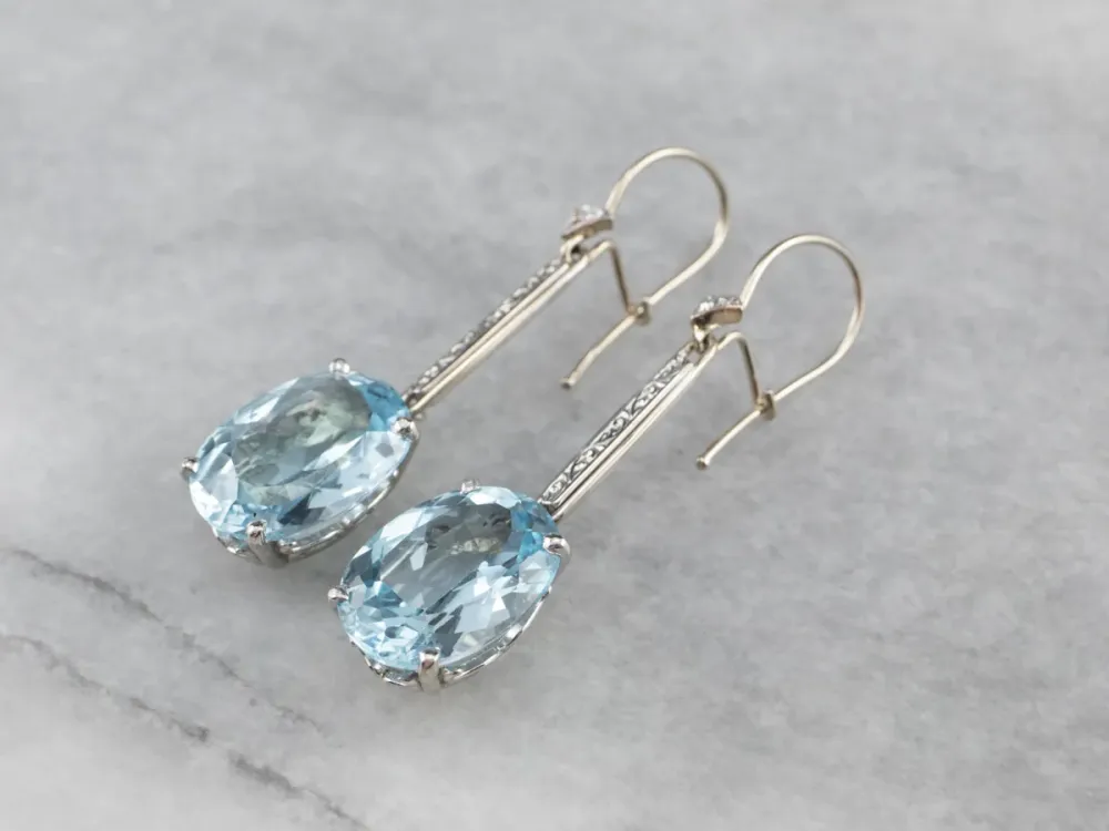 White Verguld Blue Topaz and Diamond Drop Earrings
