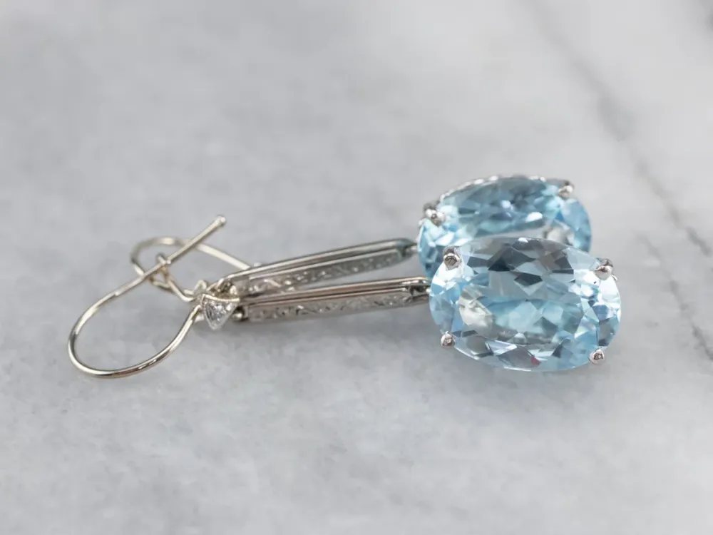 White Verguld Blue Topaz and Diamond Drop Earrings