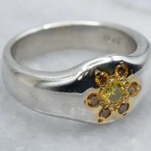 Yellow and Orange Diamond Floral Platinum and Gold Ring