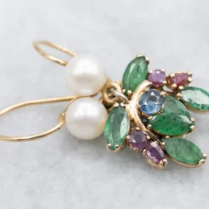 Multi Gemstone Ruby Sapphire Emerald and Pearl Drop Earrings
