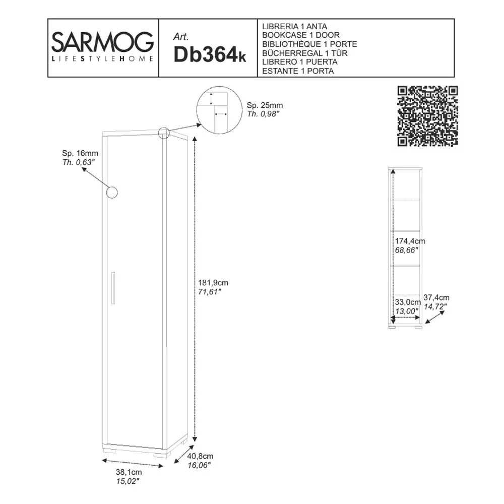 Multipurpose Column 4 shelves, 2 which are adjustable, Stelvio Walnoot Structure Finish / White Oxide Front Finish Sarmog