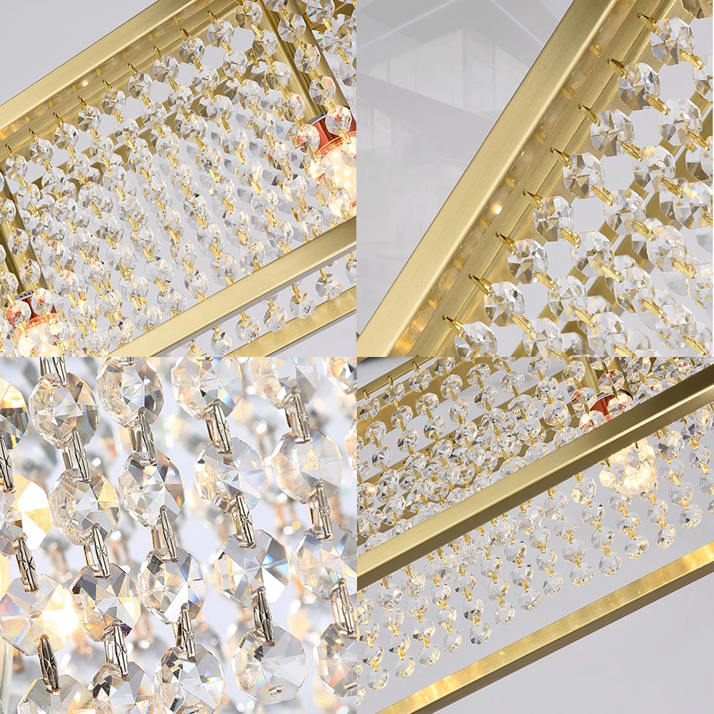Cuboid eilandhanger eigentijds ijzeren frame 4-lichts chroom/gouden kroonluchter met heldere kristallen druppels voor hout...