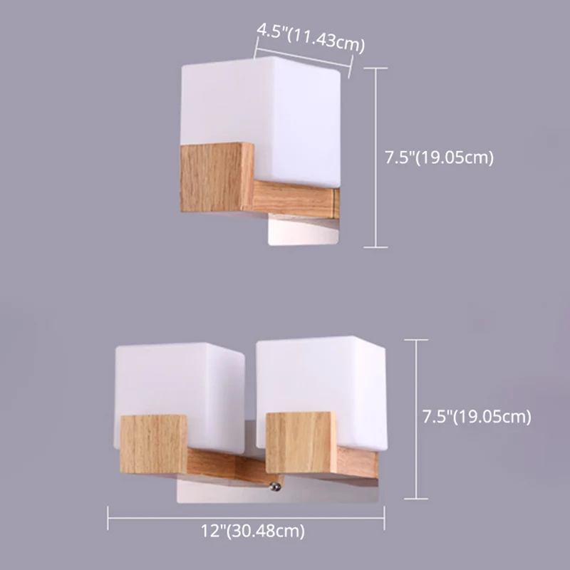 Inbusschroefbout Houten wandmontagelamp met vierkante vorm, moderne eenvoudige glazen kap schanslamp voor slaapkamer