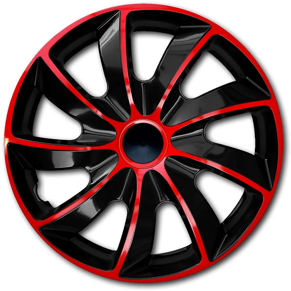 Set van 14 "QUAD wieldoppen, rood en zwart, 4 stuks met moer en ring
