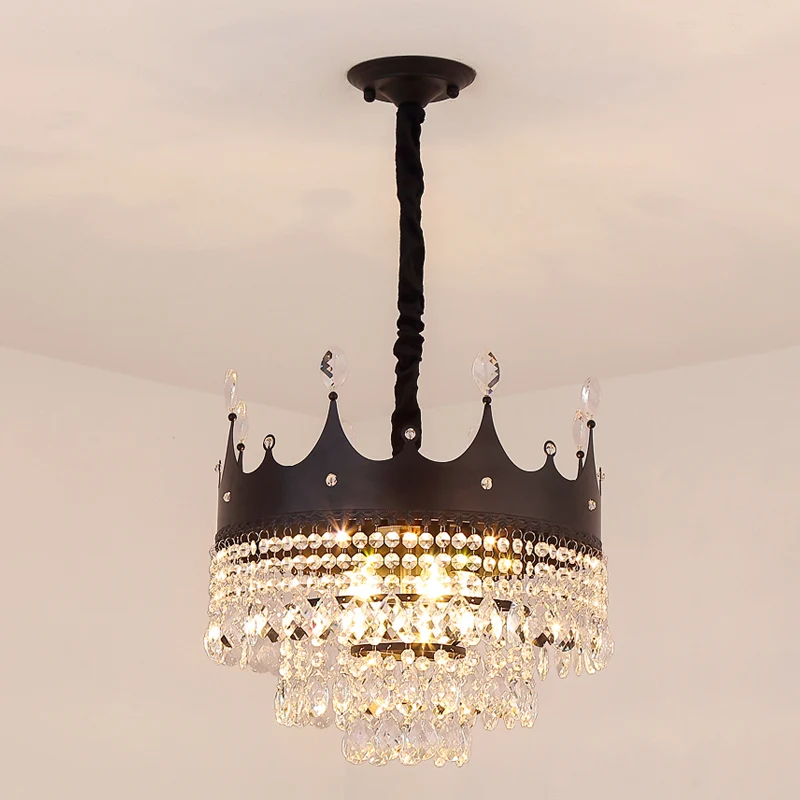 Zeskantbout Crown Shape Metal Suspension Lighting Contemporary 4 Bulbs Zwart Finish Pendant Chandelier Crystal Droplet Black