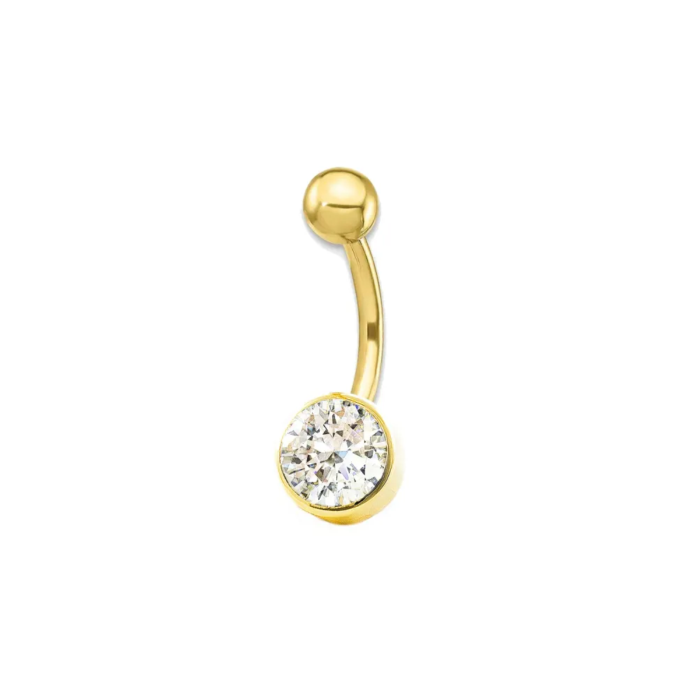 18K Yellow Gold Round Cubic Zirconia 6mm Shiny Belly Button Piercing
