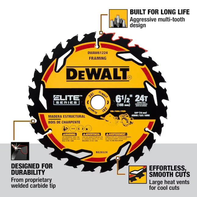 DEWALT TOP SERIES 6-1/2- 24-Tooth Rough Finish Tungsten Carbide-tipped Steel Circular Saw Blade