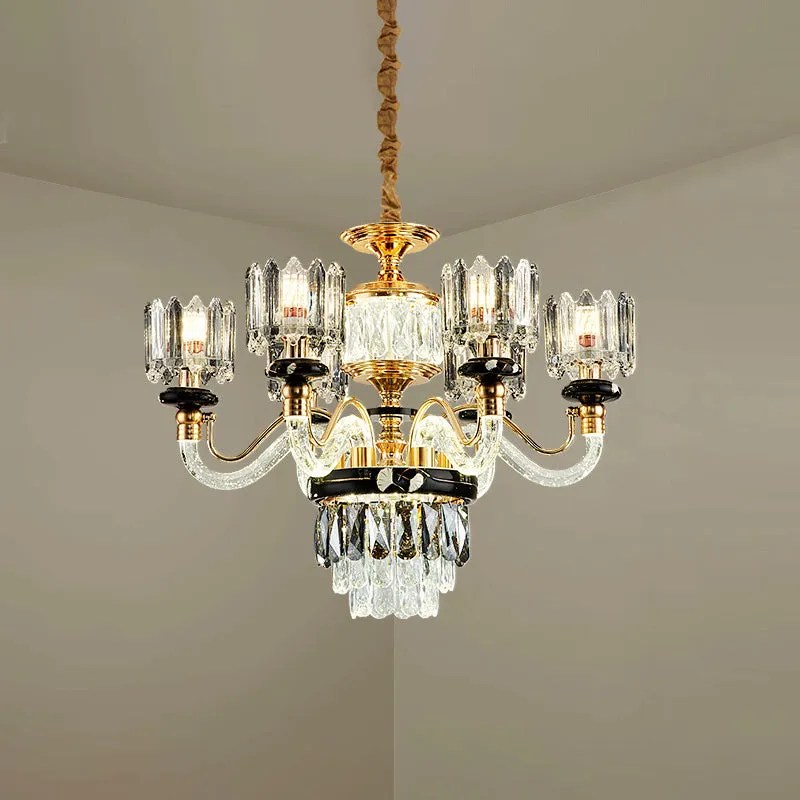 Verzinkte bout Gouden Circle Pendant Chandelier Traditional Crystal Rectangle 6/8 Bulbs Living Room Suspension Light Gold