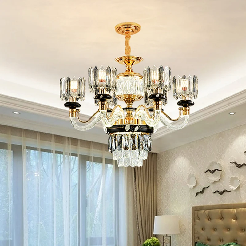 Verzinkte bout Gouden Circle Pendant Chandelier Traditional Crystal Rectangle 6/8 Bulbs Living Room Suspension Light Gold