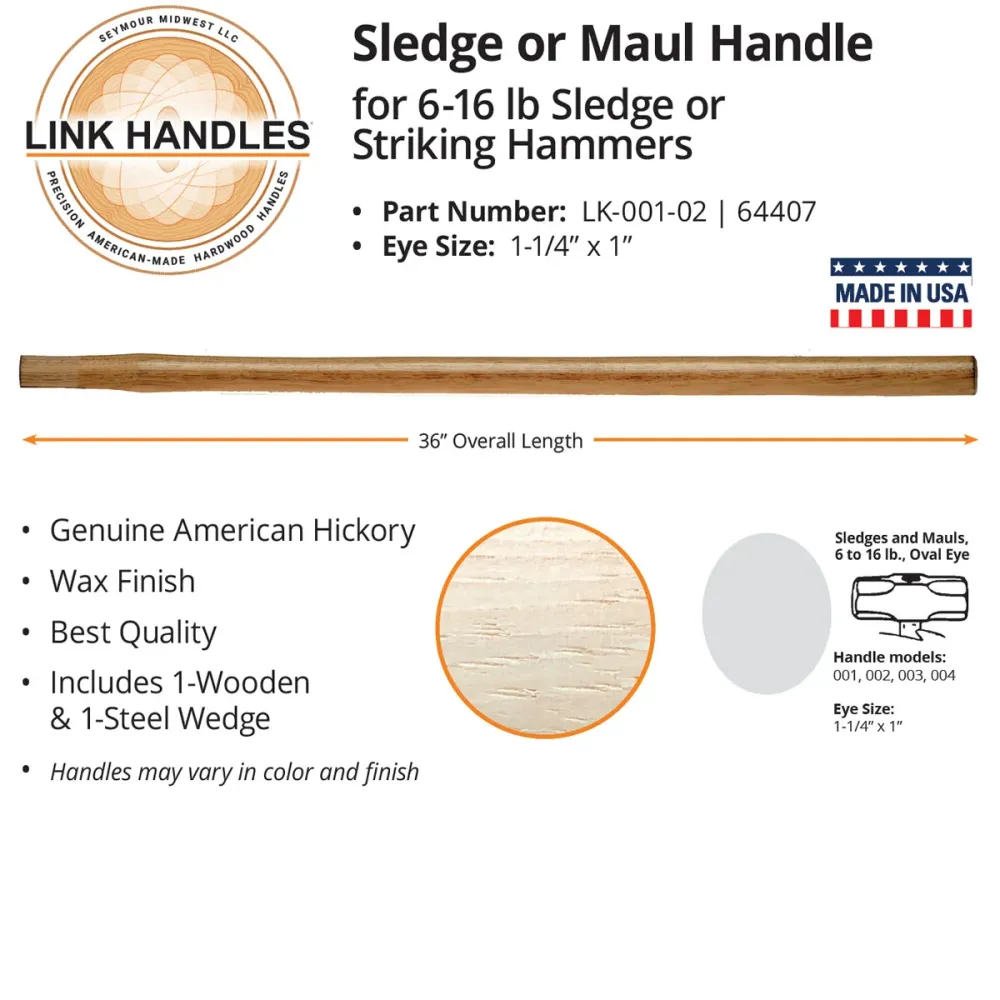 Seymour 64407 36" Sledge or Maul Handle, 6 To 16 Lb Sledge or Striking Hammers, Oval Eye